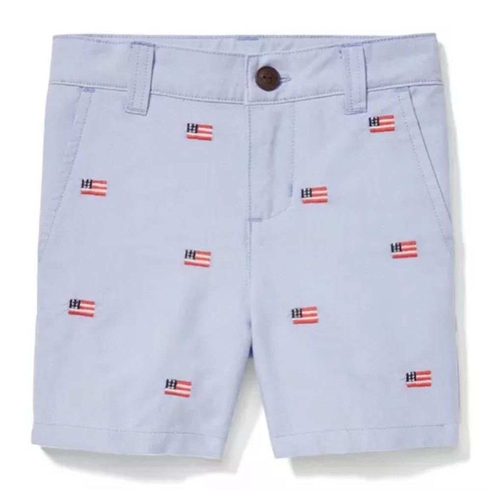 Janie and Jack Light Blue American Flag Embroidered Oxford Shorts